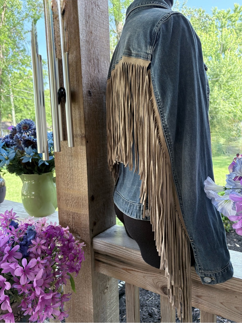 Chico’s Denim Blue Jean Western/Festival Faux Suede Long Fringed Jacket NWT S - Picture 5 of 12